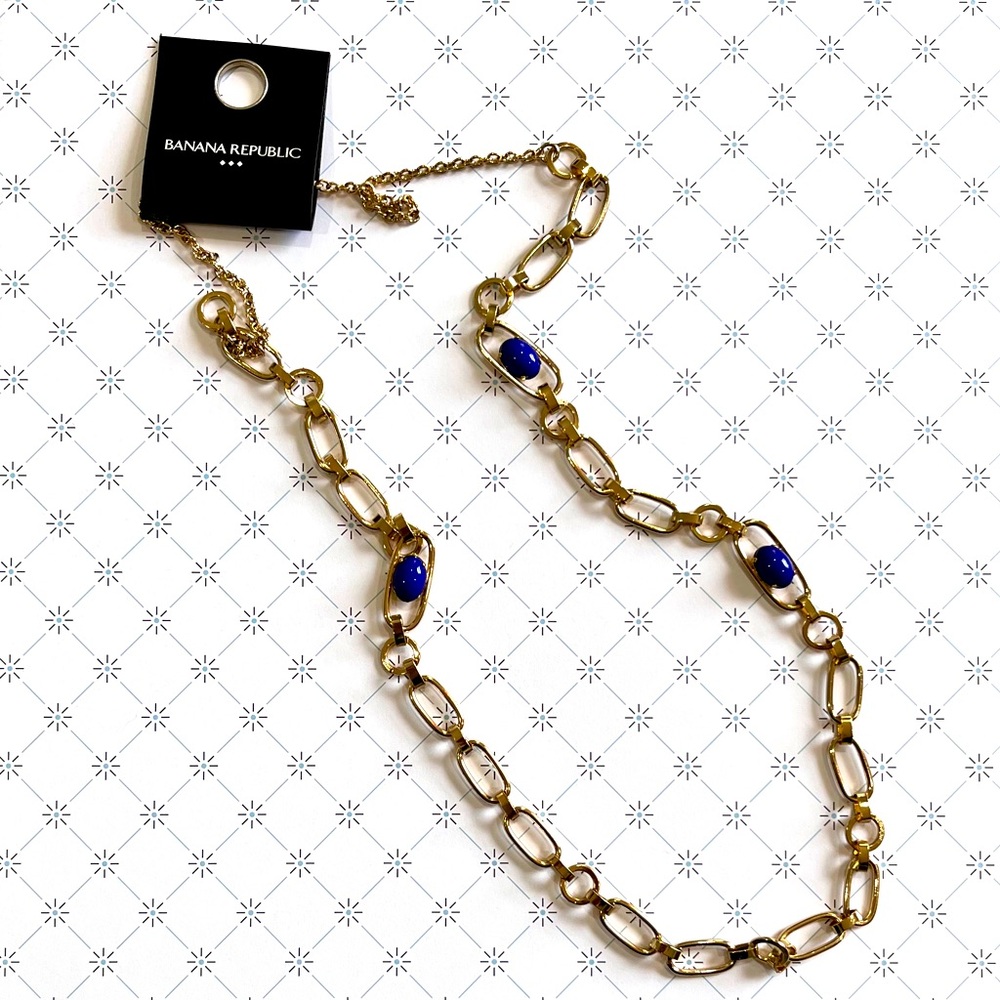 NWT Banana Republic Factory gold tone links and blue beads necklace